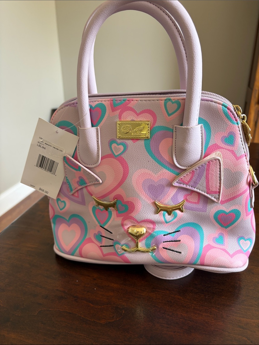 Betsey Johnson Pink Pastel Heart Cat Satchel with Teal Accents